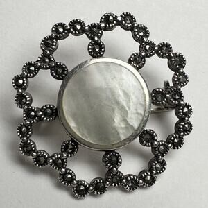 Vintage Sterling Mother of Pearl Abalone Marcasite Flower Art Deco Brooch 925 A